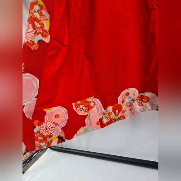 Vintage red japanese kimono, floral crane print, red pink green, handmade - Picture 7 of 14